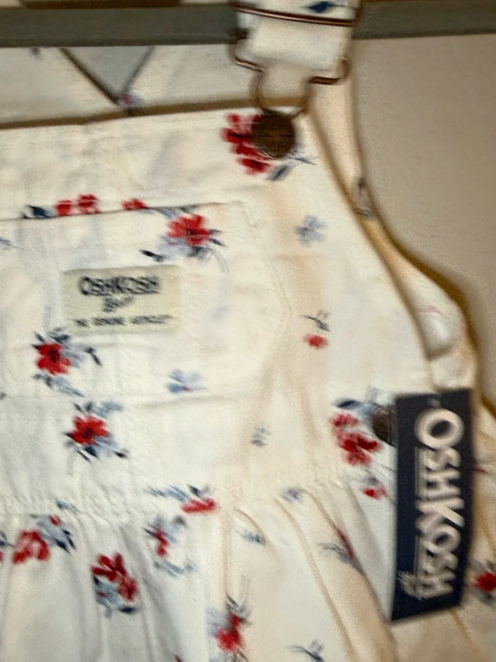 OshKosh B'gosh White Floral Skirted Overalls with Red & Blue Flowers